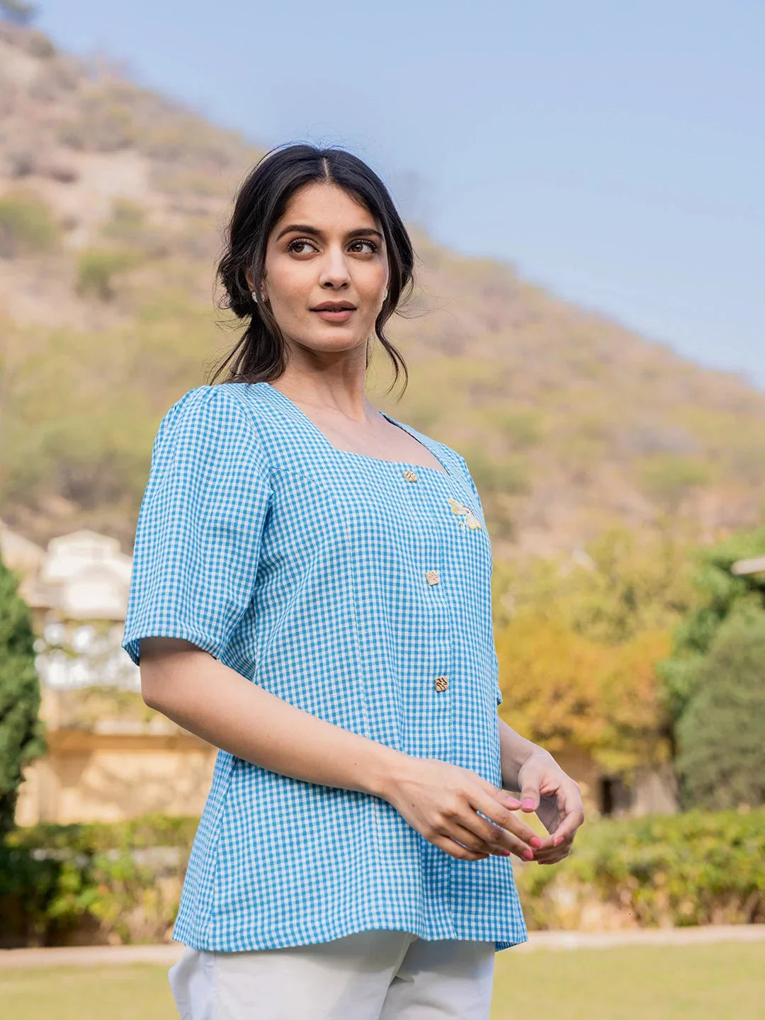 Sky Blue Cotton Checks Printed Top-Indiakreations-JS1500TOPSBS