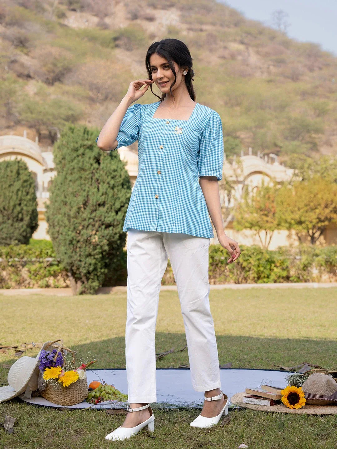 Sky Blue Cotton Checks Printed Top-Indiakreations-JS1500TOPSBS