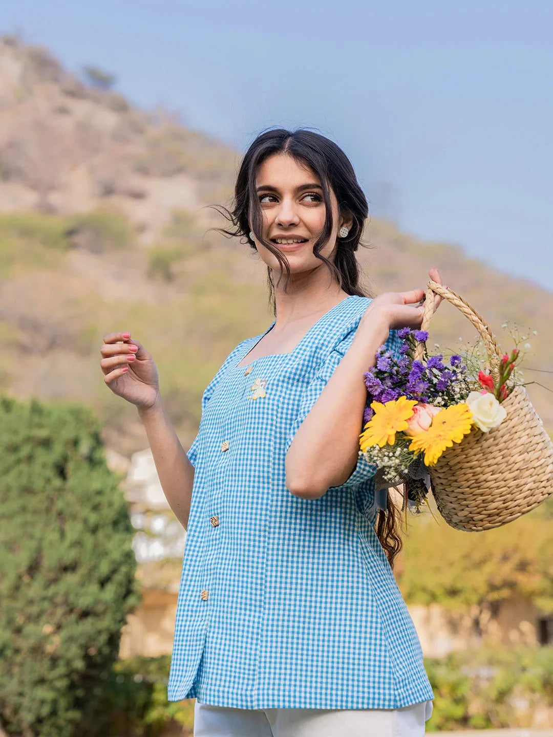 Sky Blue Cotton Checks Printed Top-Indiakreations-JS1500TOPSBS