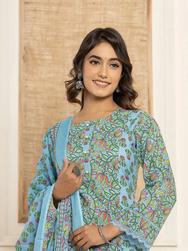 Sky Blue Leaf Print Cotton Pakistani Style Kurta And Trousers With Dupatta-Indiakreations-JS1015SKDBLS