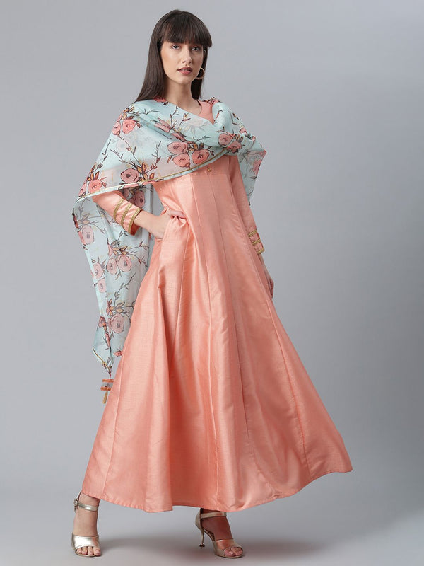 Peach Poly Silk Kurta With Dupatta Set