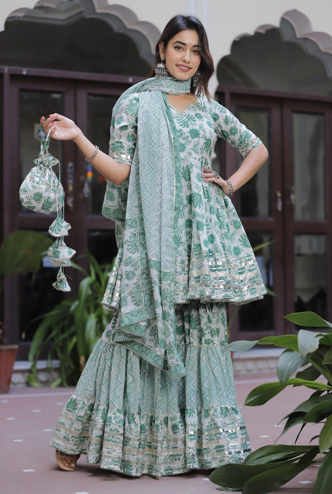 Women's Spider Green Sharara Set - Lado Jaipuri