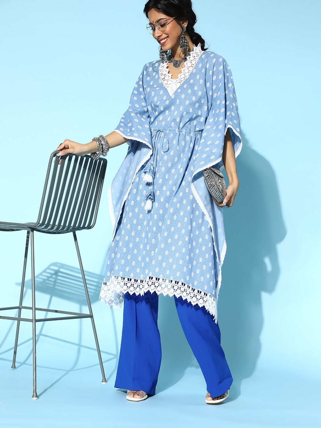 Stunning Blue Printed Kaftan Kurta-Indiakreations-JS9542KFTSBS