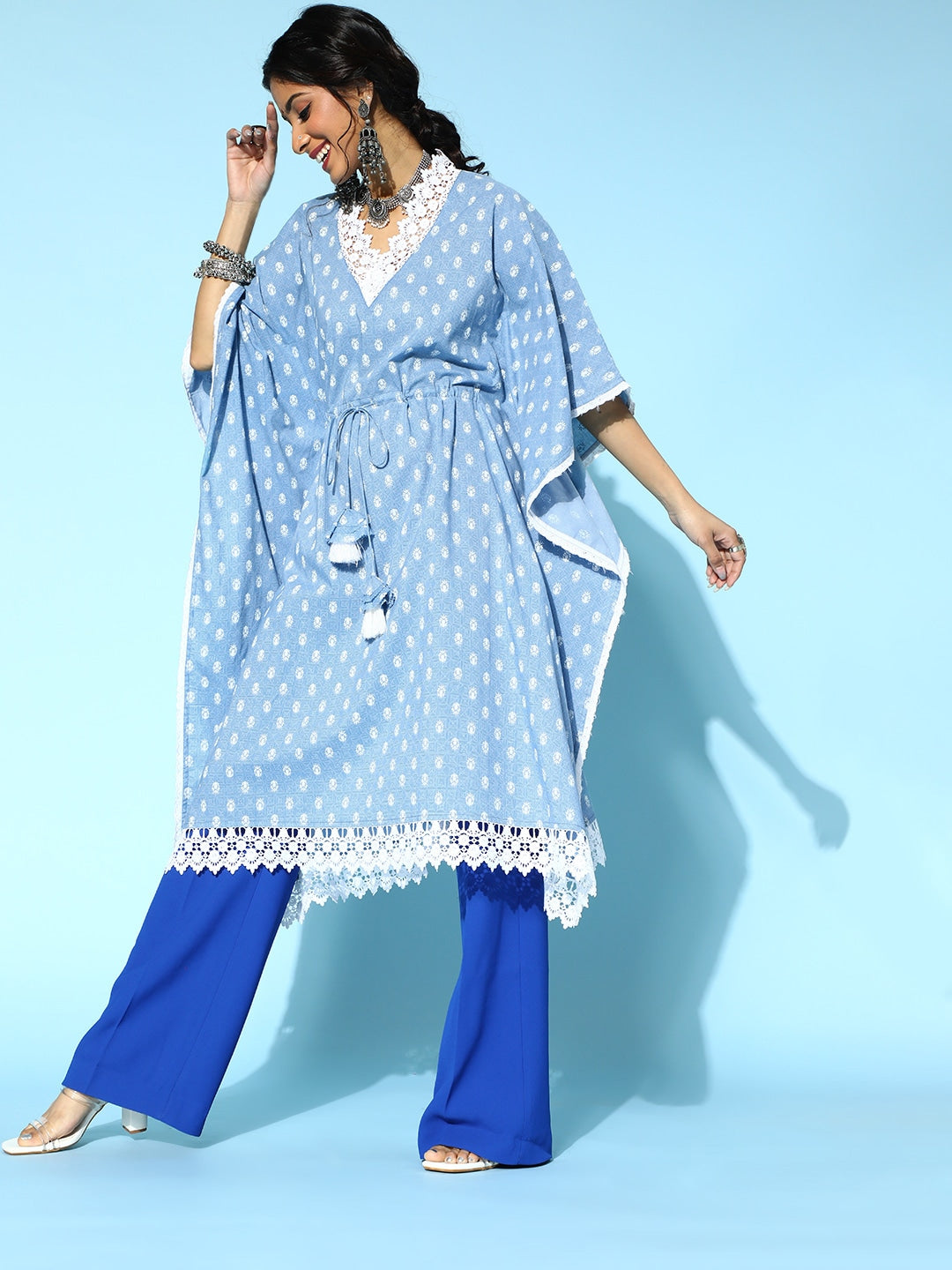 Stunning Blue Printed Kaftan Kurta-Indiakreations-JS9542KFTSBS