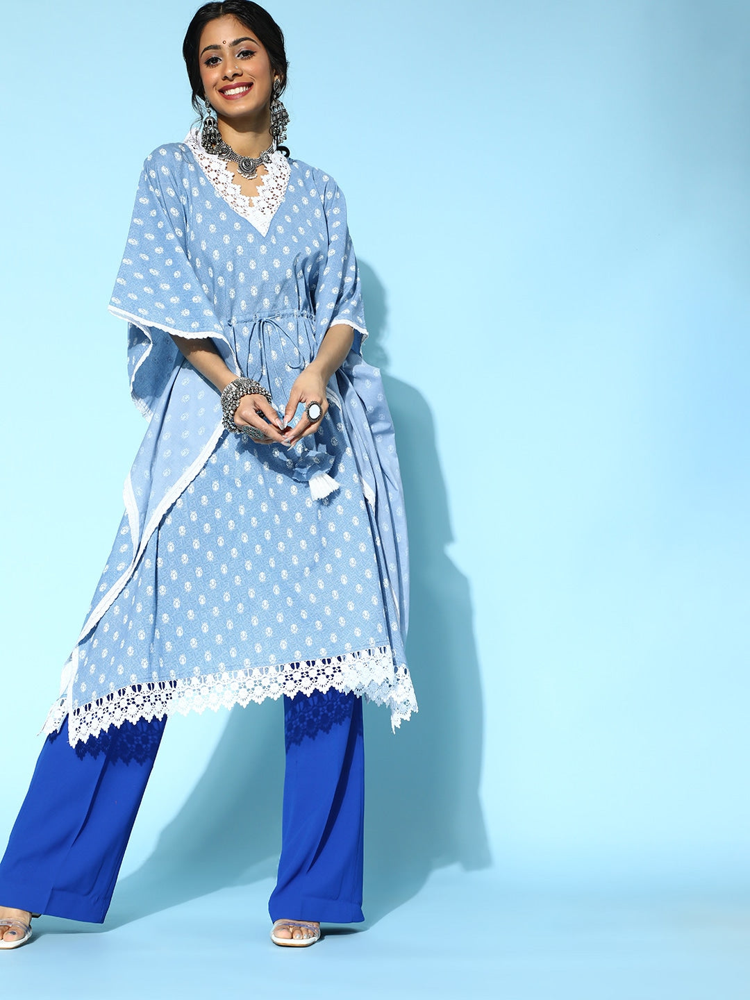 Stunning Blue Printed Kaftan Kurta-Indiakreations-JS9542KFTSBS