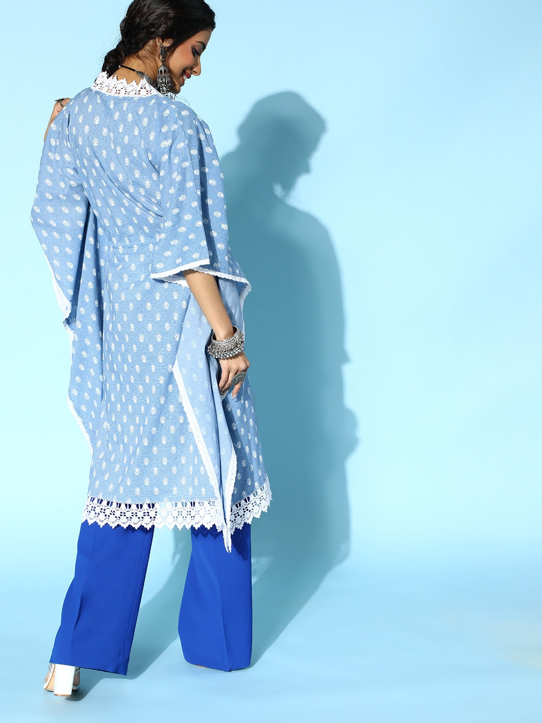 Stunning Blue Printed Kaftan Kurta-Indiakreations-JS9542KFTSBS