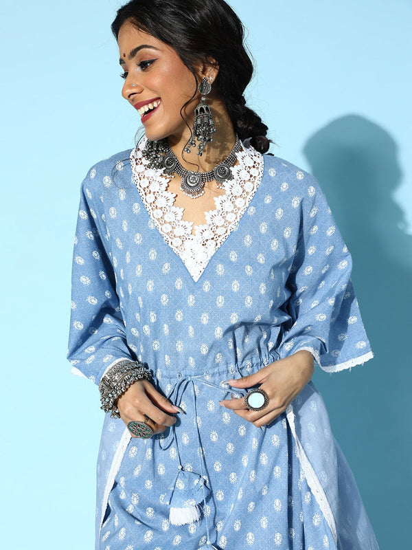 Stunning Blue Printed Kaftan Kurta-Indiakreations-JS9542KFTSBS