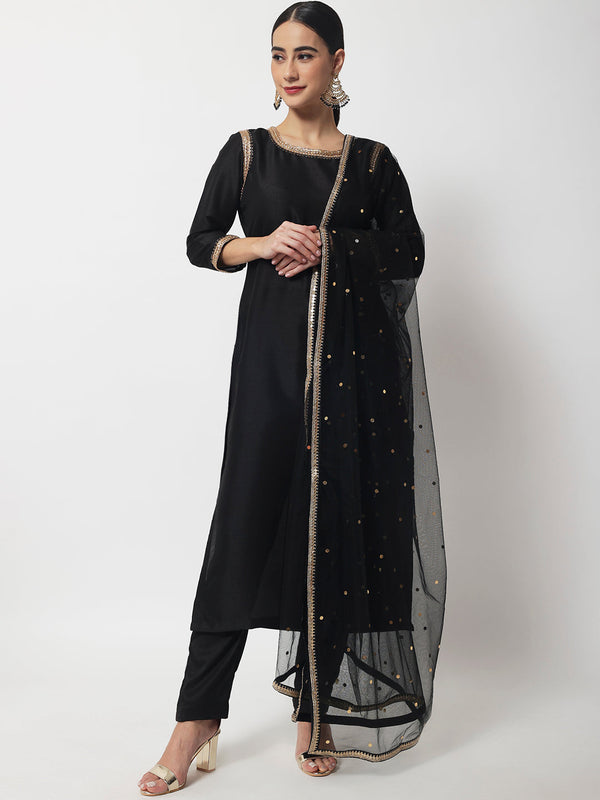 Women's Stunning Black Kurti With Straight Pants And Net Dupatta - Anokherang