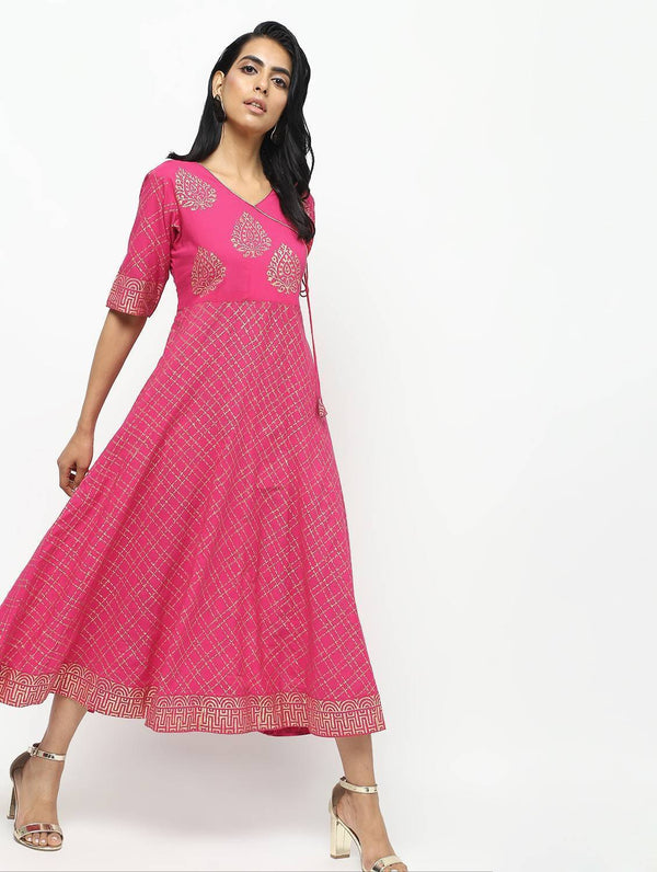 Women's Pink Angrakha Checkered Foil Printed Kurta With Doori Tassels - Cheera