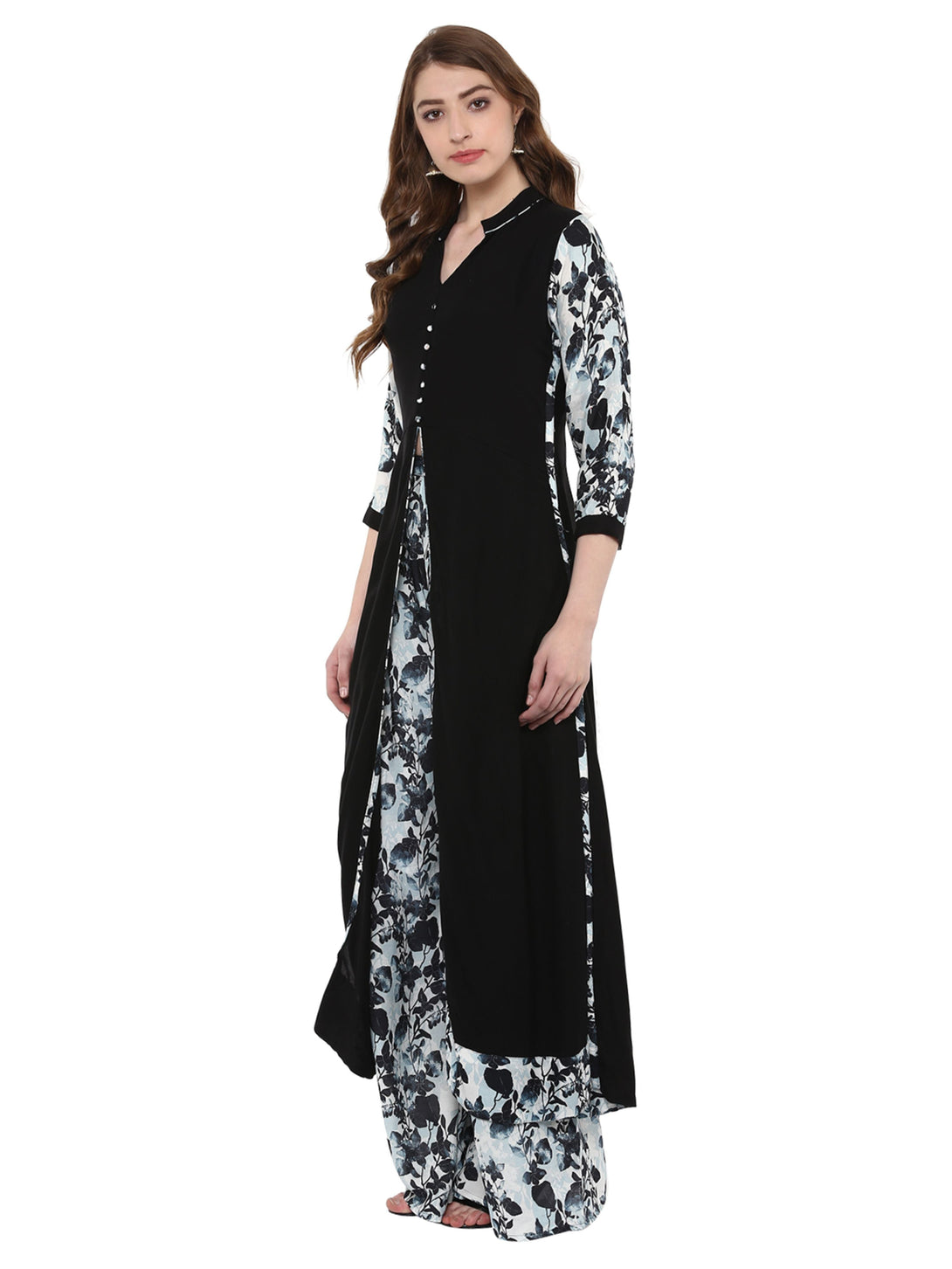 Women Black & White Kurta with Palazzo by Ziyaa (2 Pc Set)