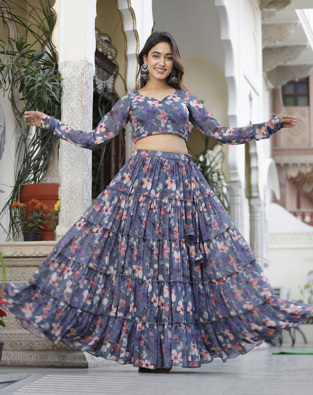 Women's Sweet Blue Tired Lehenga Set - Lado Jaipuri