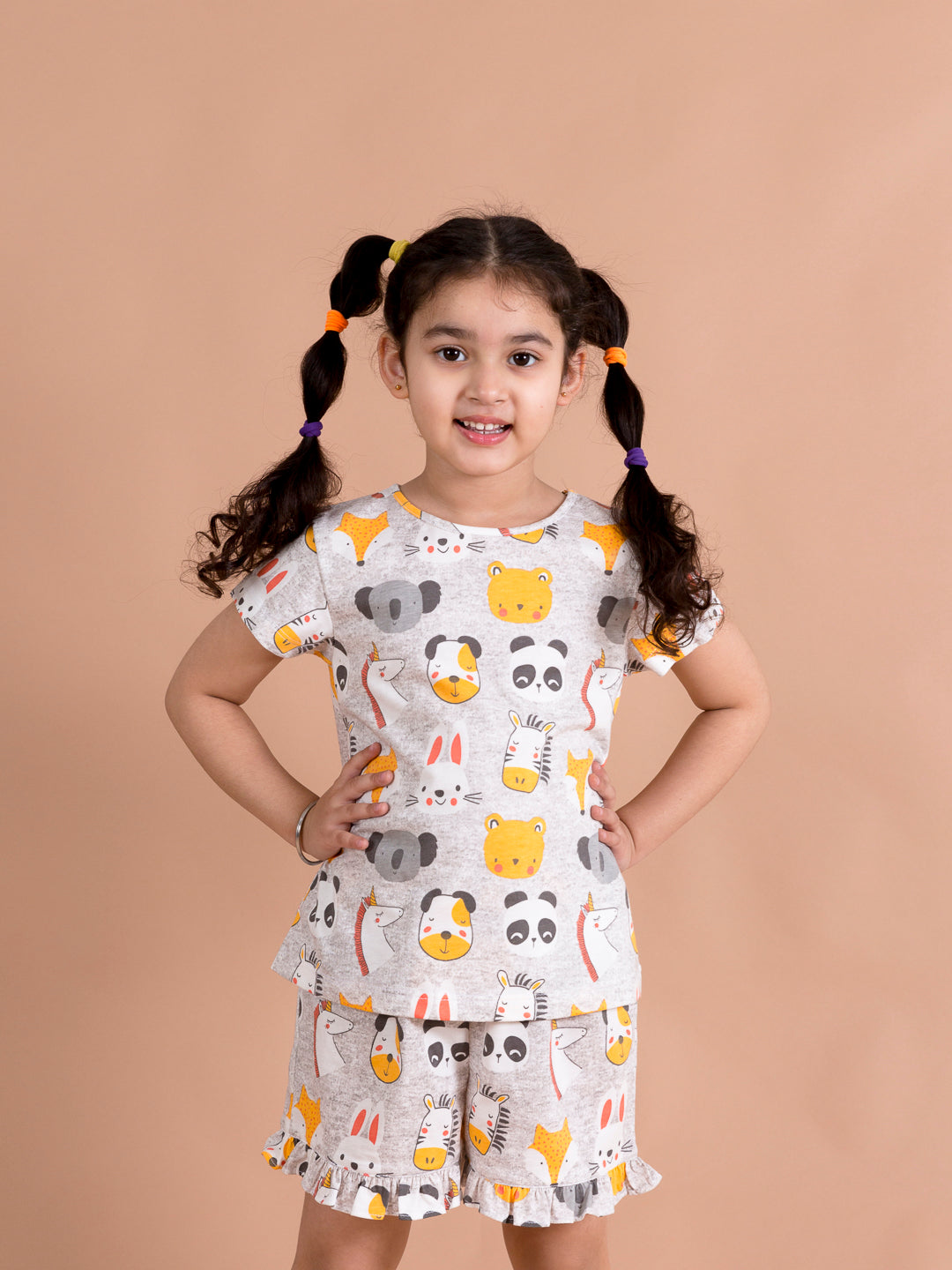 Girls Grey Yellow Printed Night Suit - Ps Peaches