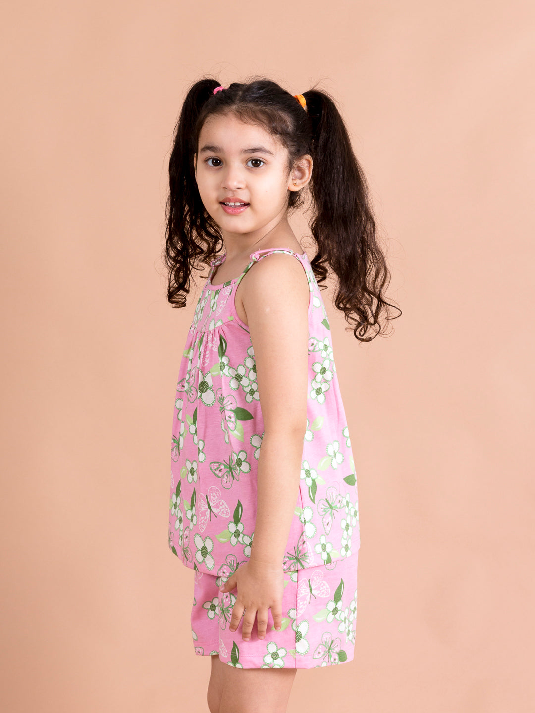 Girls Pink White Printed Cotton Night Suit - Ps Peaches