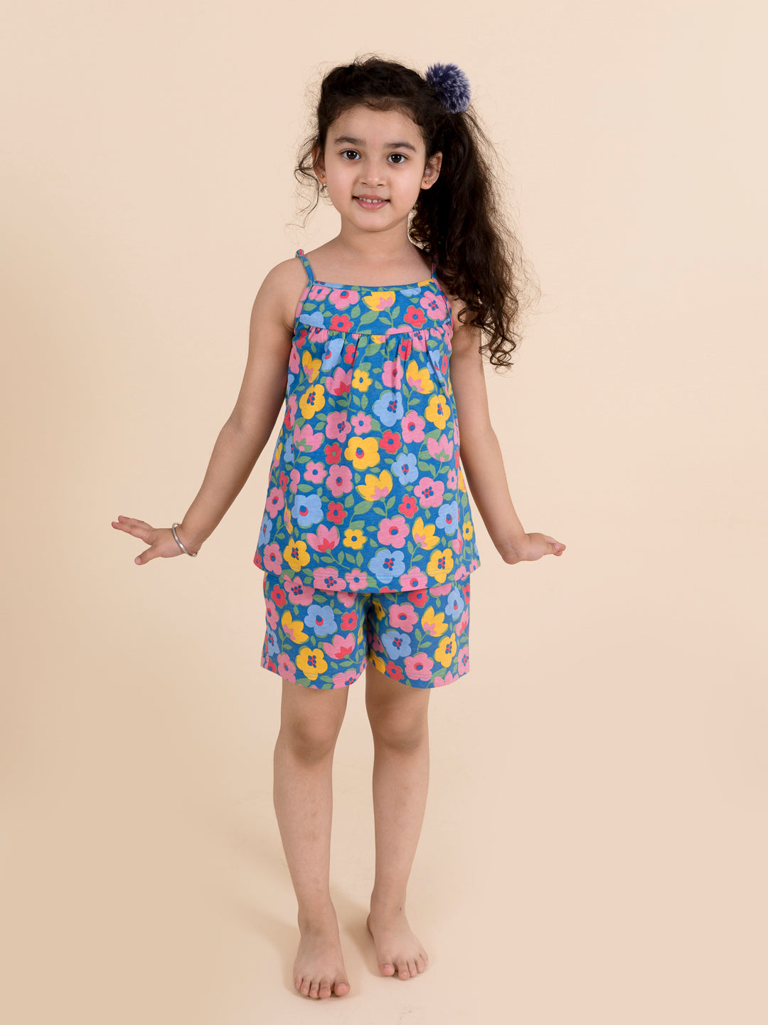 Girls Blue Pink Printed Cotton Night Suit - Ps Peaches