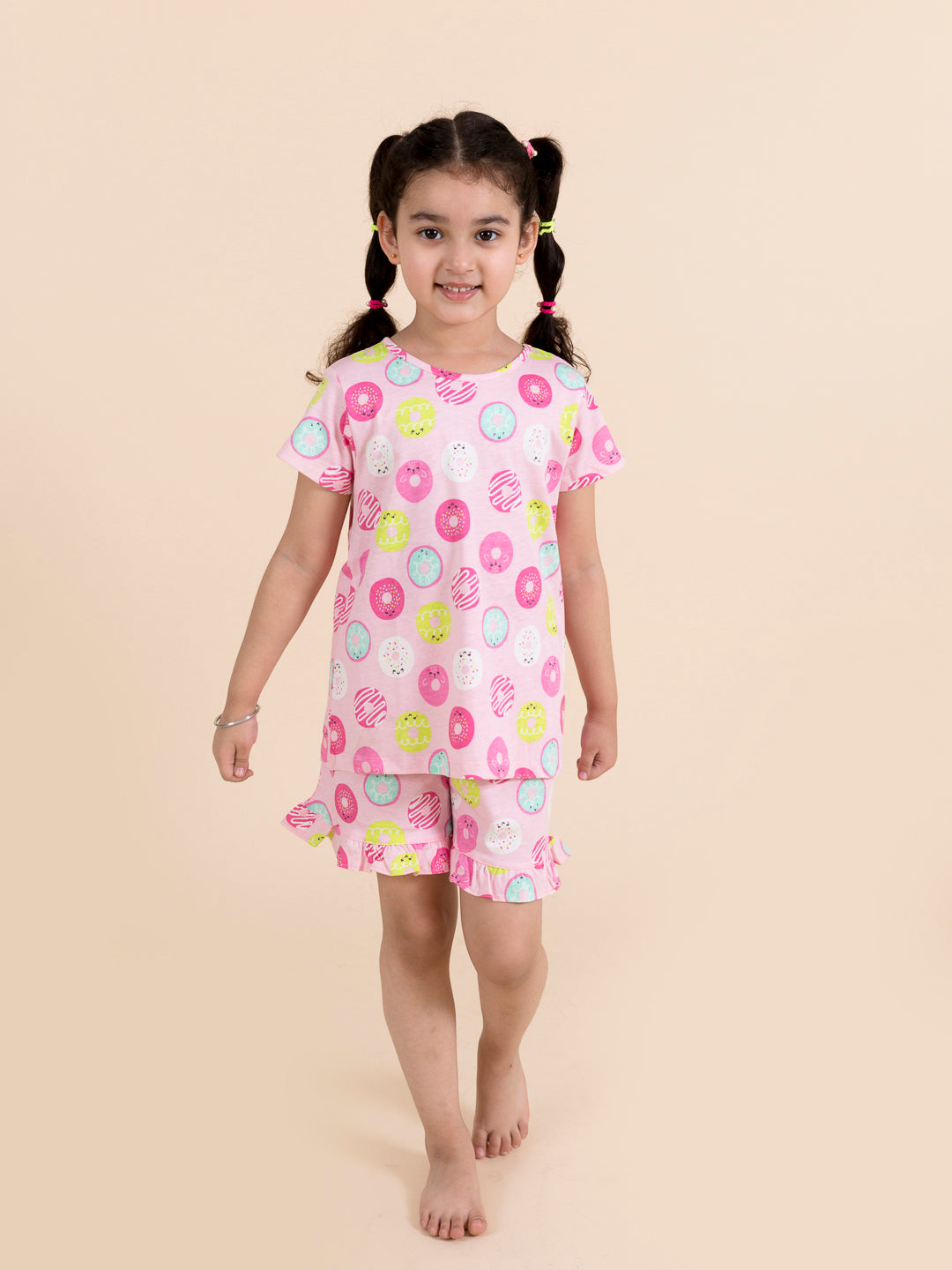 Girls Pink Yellow Printed Cotton Night Suit - Ps Peaches