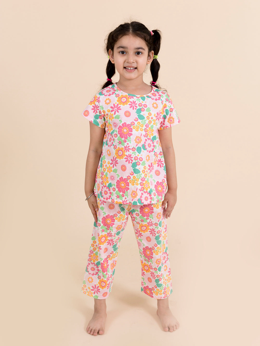 Girls Pink Printed Pure Cotton Night Suit - Ps Peaches