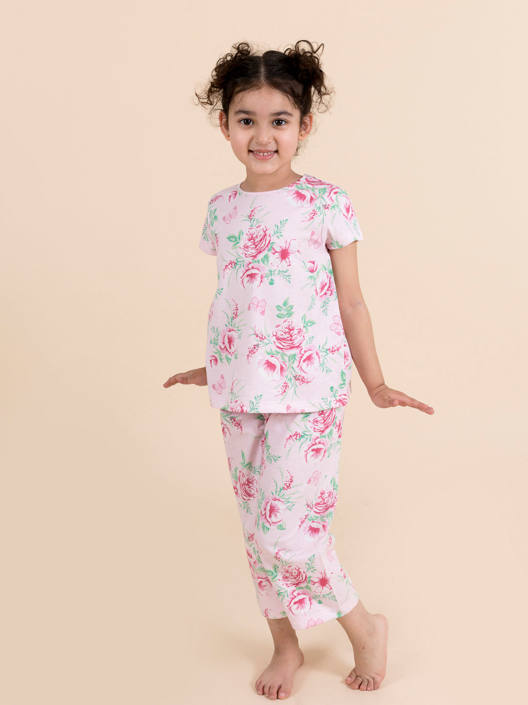 Girls Pink White Printed Night Suit - Ps Peaches