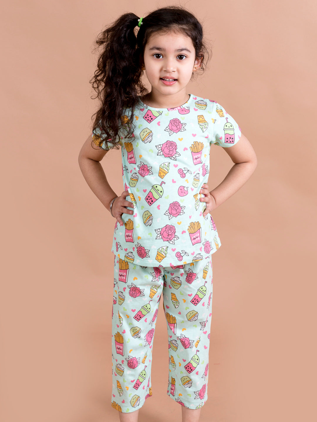 Girls Green Pink Printed Night Suit - Ps Peaches