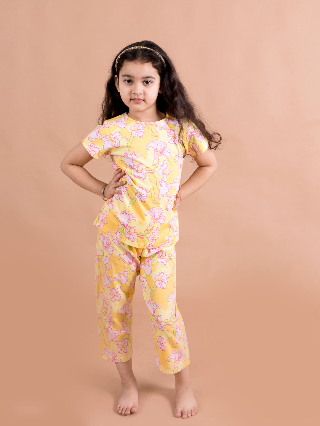 Girls Yellow Pink Floral Printed Cotton Night Suit - Ps Peaches