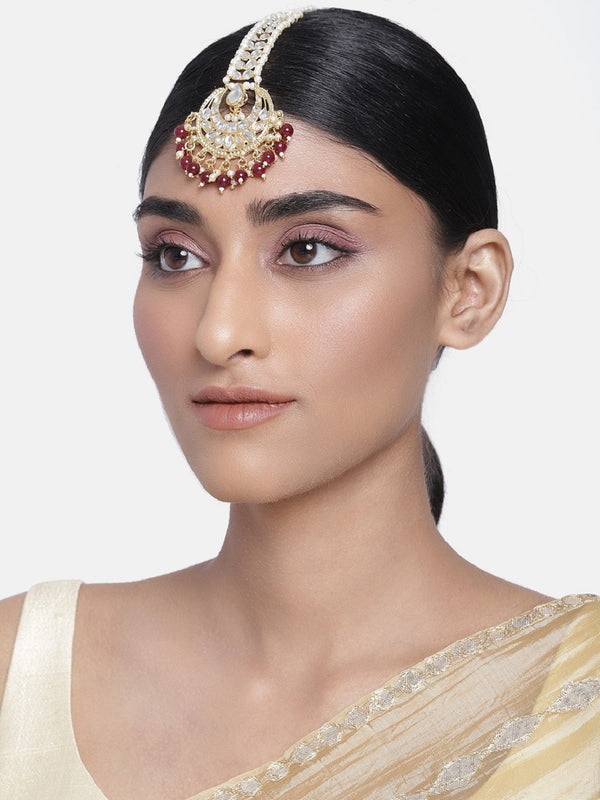 Women's Traditional Gold Plated Kundan & Pearl Studded Maang Tikka - I Jewels