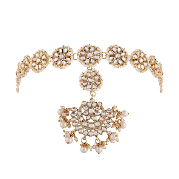 Women's 18k Gold Plated Floral Kundan Pearl Studde Sheeshpatti - I Jewels