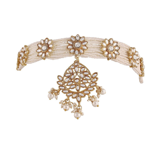 Women's 18k Gold Plated Floral Kundan Pearl Studde Sheeshpatti - I Jewels