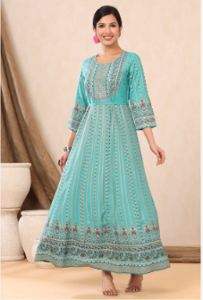 Women's Teal Rayon Printed Anarkali Dress - Juniper