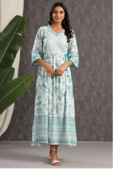 Women's Teal Rayon Printed Flared Dress - Juniper