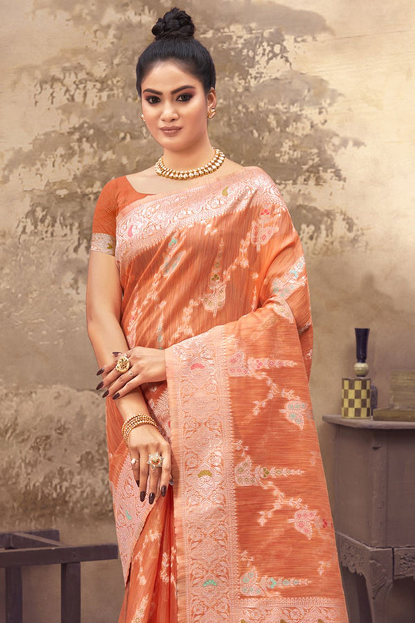 Women's Peach Cotton Silk Woven Zari Work Traditional Saree - Sangam Prints