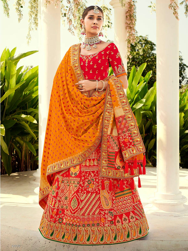 Women's Mustard Yellow and Red Fancy Fabric Party Wear Lehenga-Myracouture