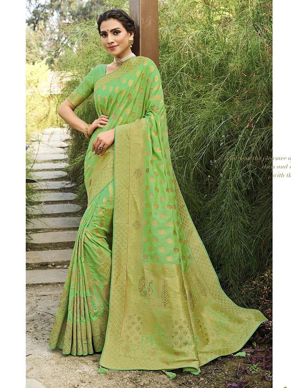 Women's Parrot Green Party Wear Silk Saree-Myracouture