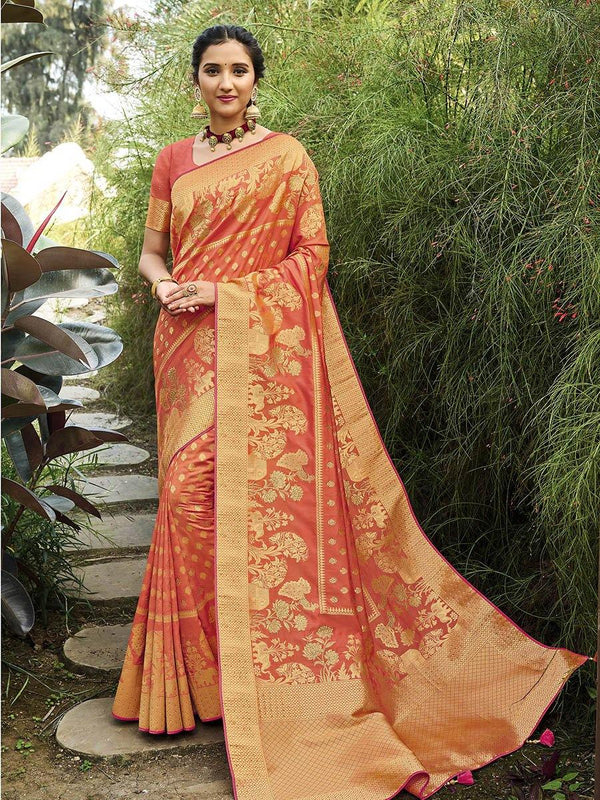 Women's Orange Party Wear Silk Saree-Myracouture