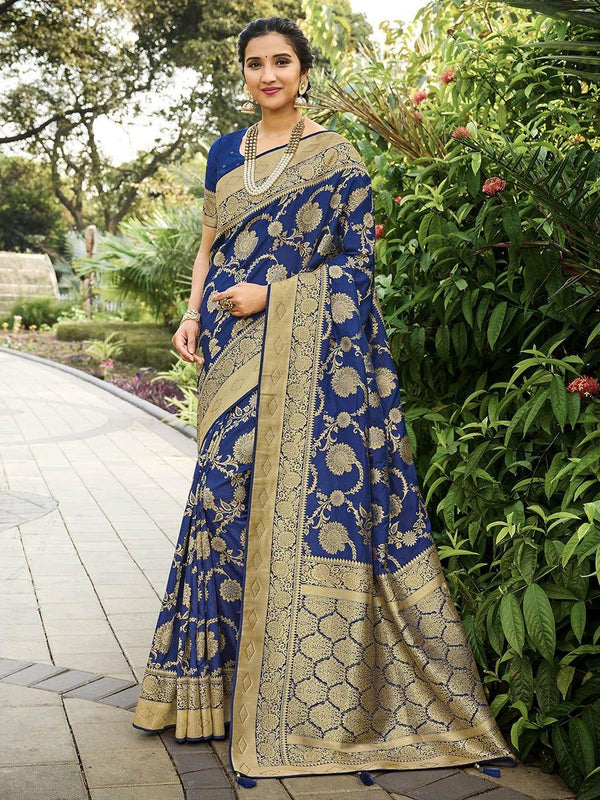 Women's Navy Blue Party Wear Silk Saree-Myracouture