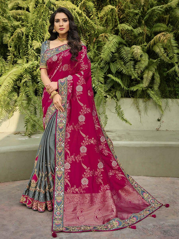 Women's Dark Pink & Grey Embroidered Saree-Myracouture