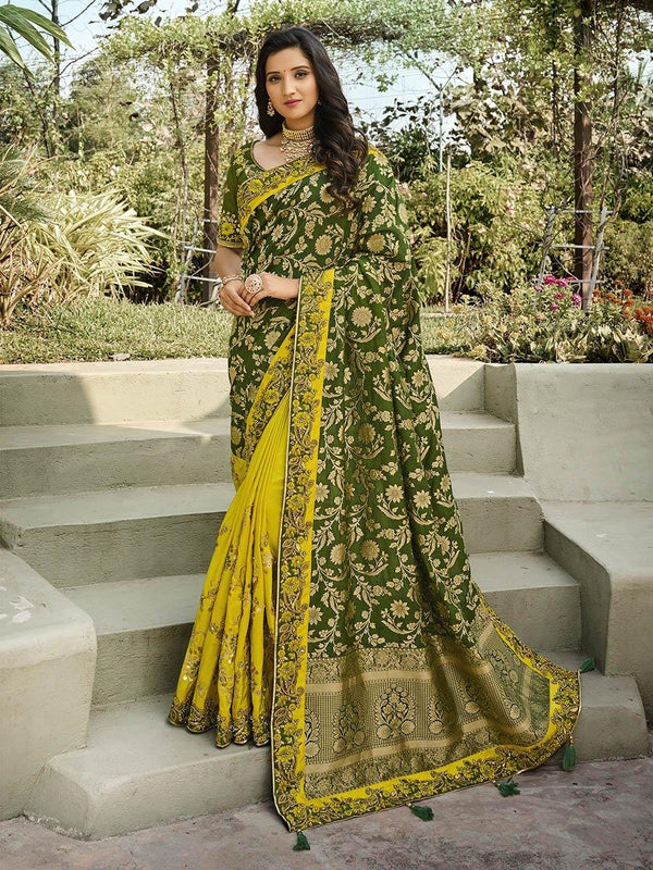 Women's Dark Green & Yellow Silk Saree-Myracouture