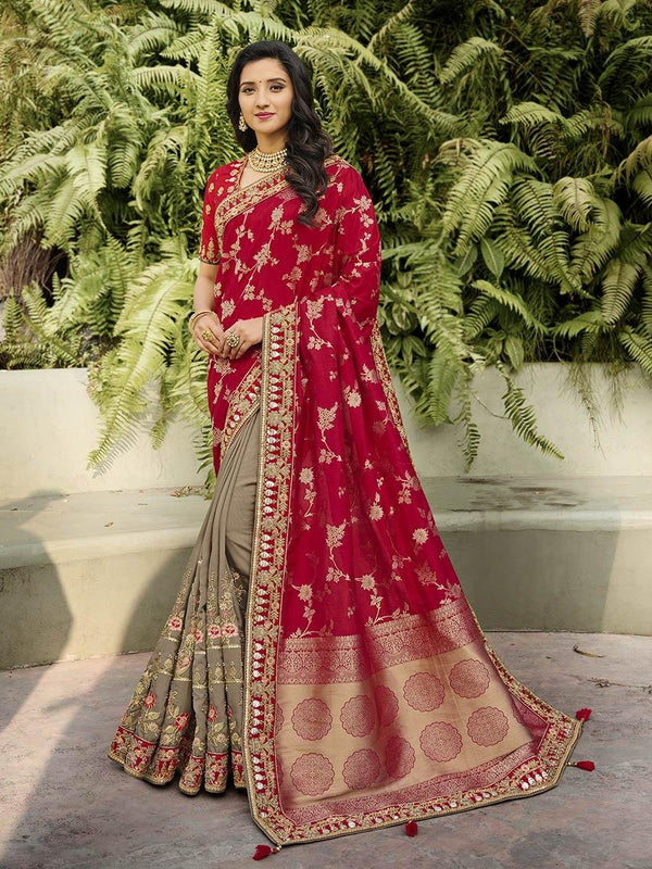 Women's Maroon & Light Brown Silk Embroidered Saree-Myracouture