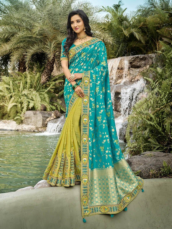 Women's Sea Blue Embroidered Silk Saree-Myracouture