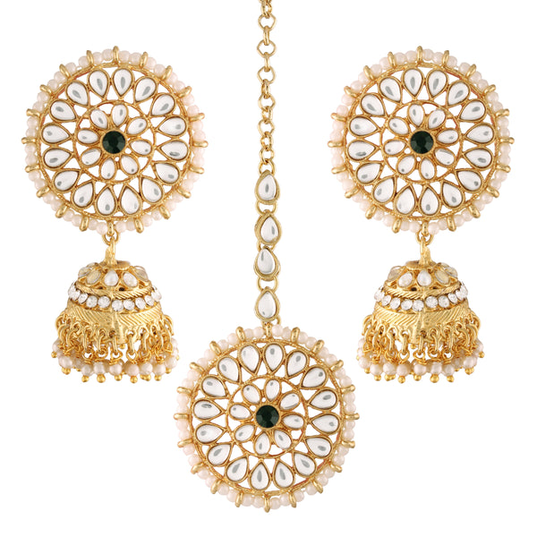 Women's Traditional Gold Plated Chandbali Kundan & Pearl Earring Set with Maang Tikka - I Jewels