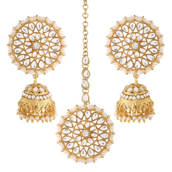 Women's Traditional Gold Plated Chandbali Kundan & Pearl Earring Set with Maang Tikka - I Jewels