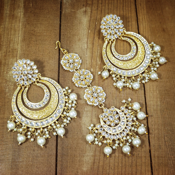 Women's Traditional Gold Plated Chandbali Kundan & Pearl Earring Set with Maang Tikka - I Jewels