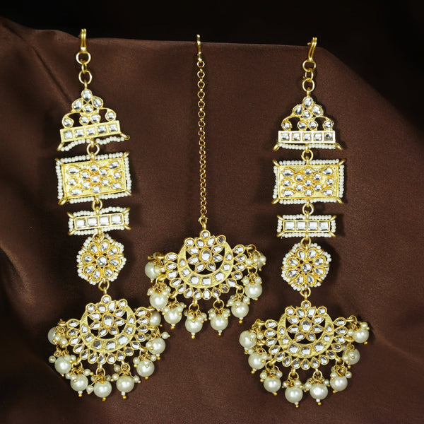 Women's Traditional Gold Plated Chandbali Kundan & Pearl Earring Set with Maang Tikka - I Jewels