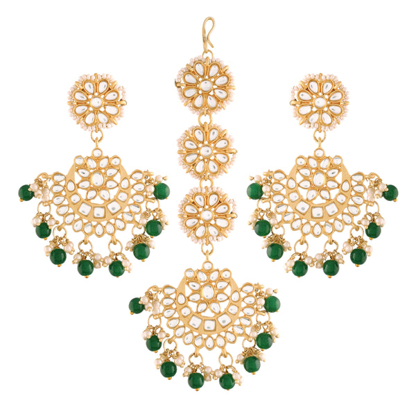 Women's Traditional Gold Plated Chandbali Kundan & Pearl Earring Set with Maang Tikka - I Jewels