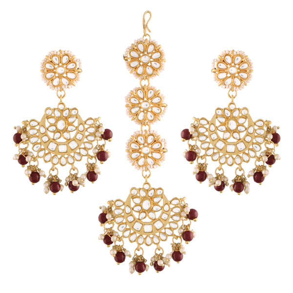 Women's Traditional Gold Plated Chandbali Kundan & Pearl Earring Set with Maang Tikka - I Jewels