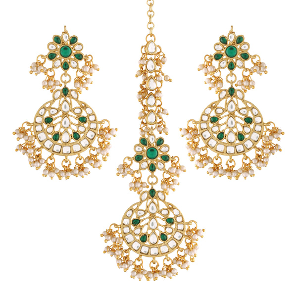 Women's Traditional Gold Plated Chandbali Kundan & Pearl Earring Set with Maang Tikka - I Jewels