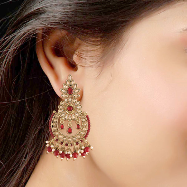 Women's 18K Gold Plated Handcrafted Earrings With Maang Tikka Encased with Faux Kundan & Pearl - I Jewels