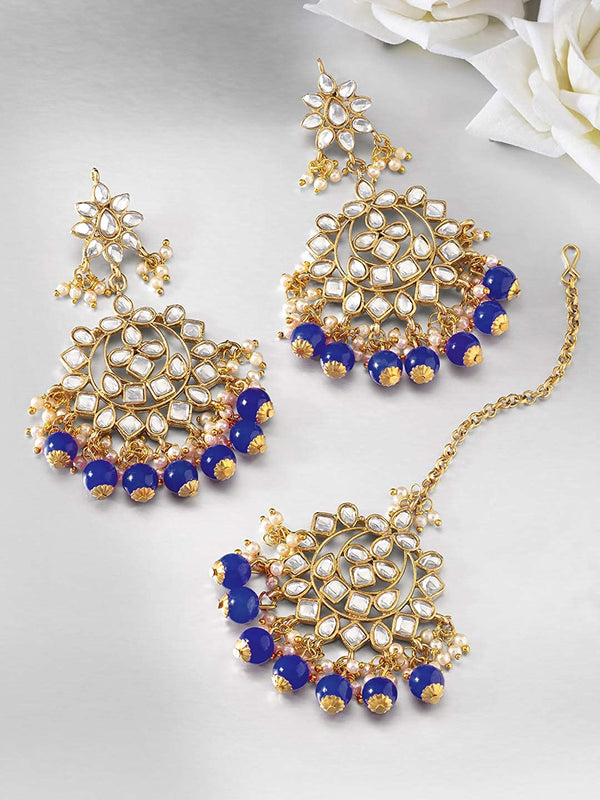 Women's Traditional Gold Plated Chandbali Kundan & Pearl Earring Set with Maang Tikka - I Jewels