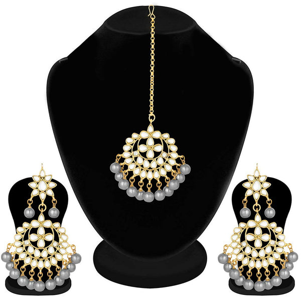 Women's Traditional Gold Plated Chandbali Kundan & Pearl Earring Set with Maang Tikka - I Jewels