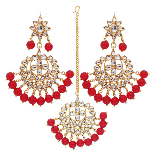 Women's Traditional Gold Plated Chandbali Kundan & Pearl Earring Set with Maang Tikka - I Jewels