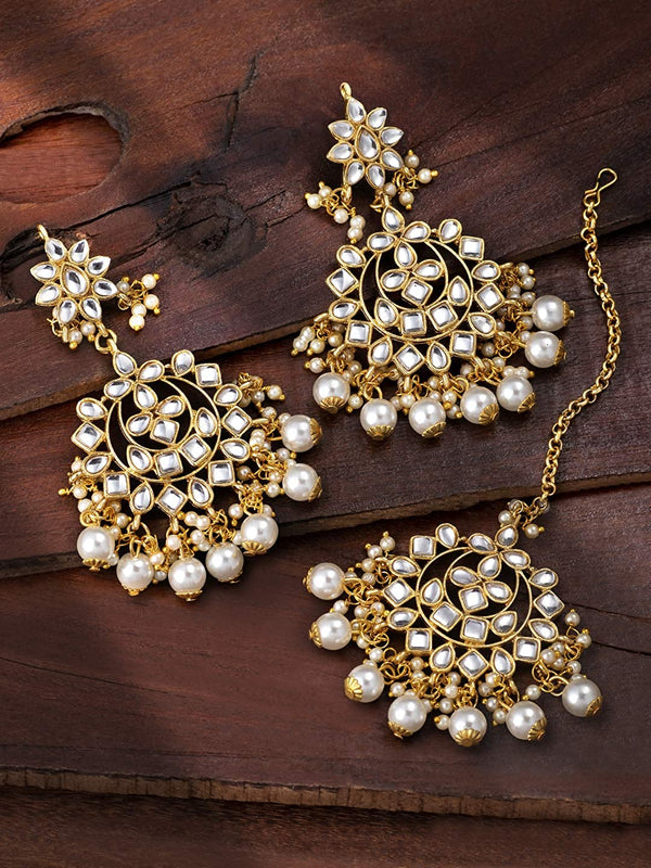 Women's Traditional Gold Plated Chandbali Kundan & Pearl Earring Set with Maang Tikka - I Jewels