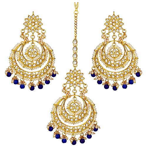 Women's Traditional Gold Plated Chandbali Kundan & Pearl Earring Set with Maang Tikka - I Jewels